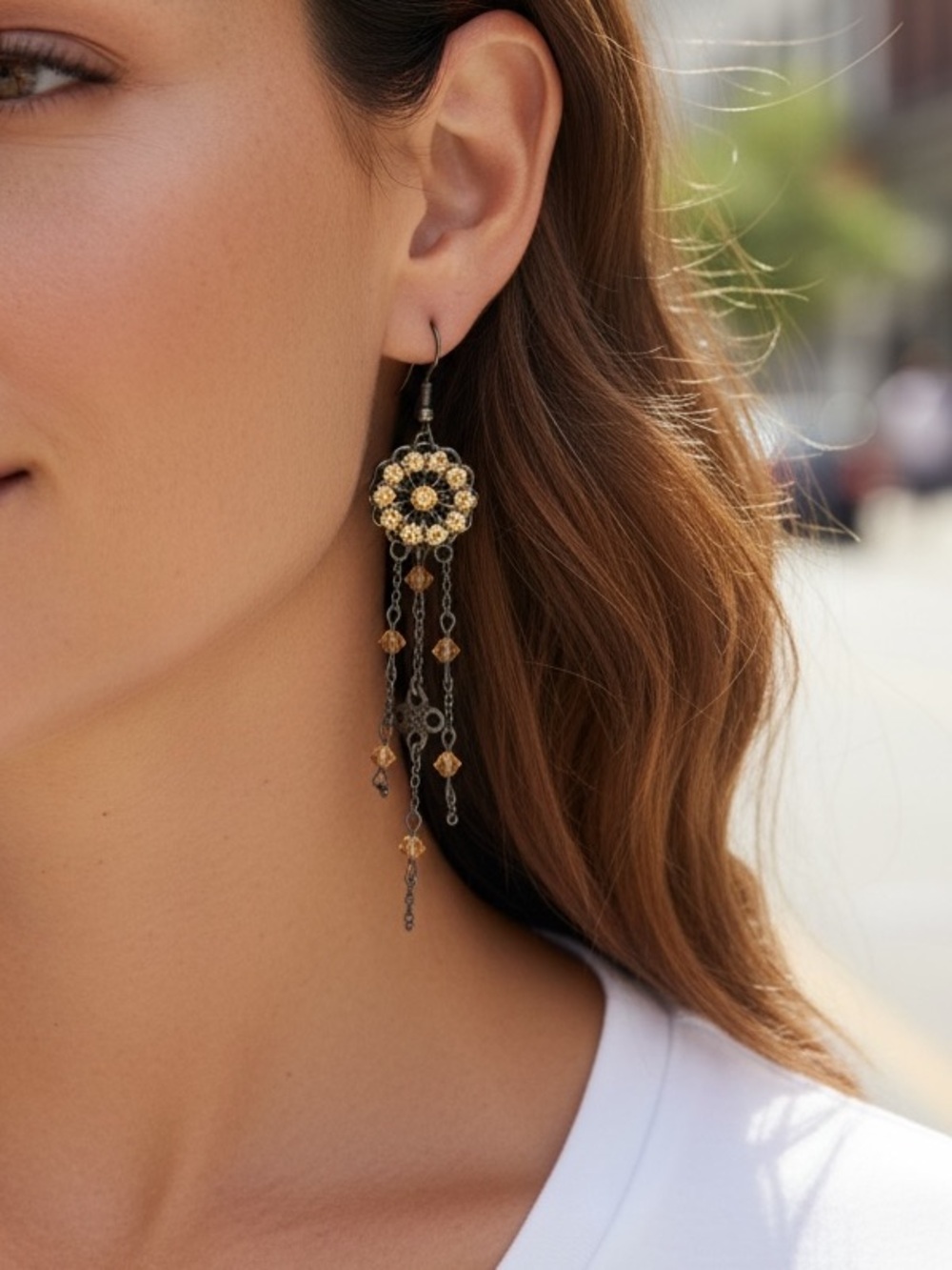Floral Drop Dangle Earrings in Gold and Black